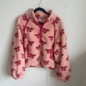 Pink Fleece Pullover with Red Bow Print